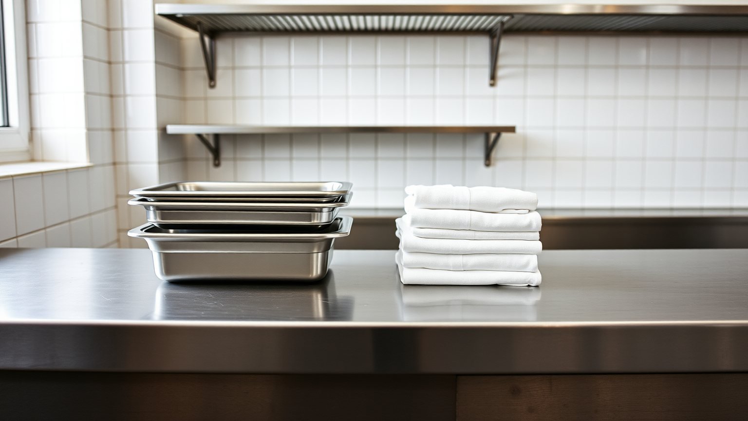 Encimera de acero de una cocina profesional con bandejas apiladas y paños doblados antes del servicio